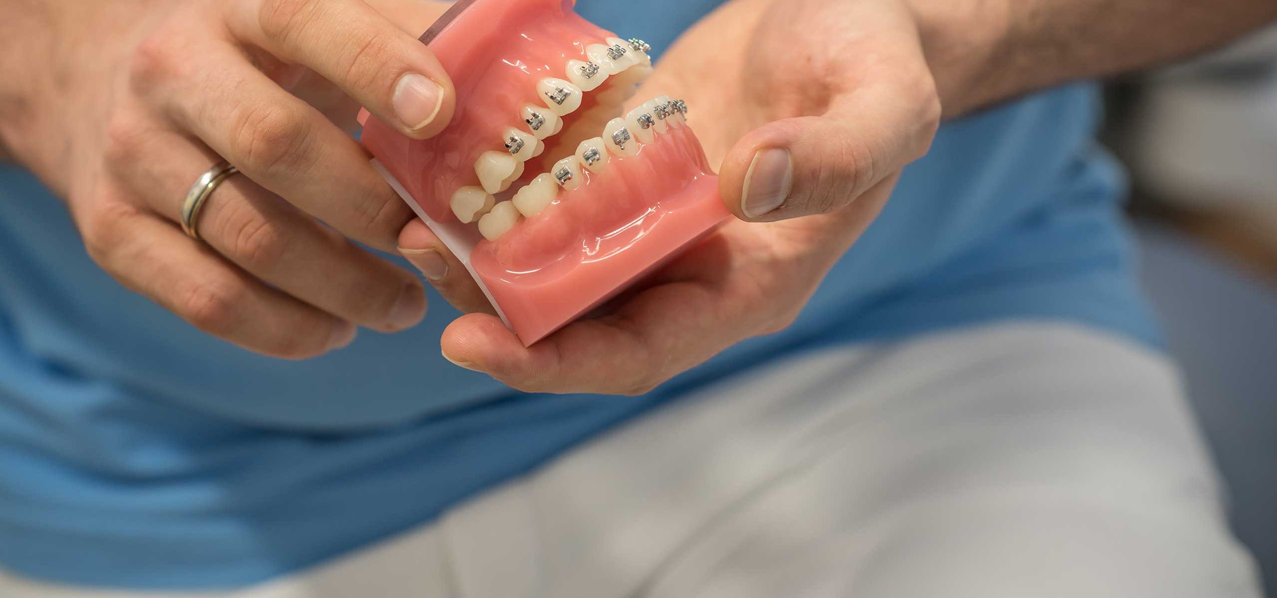 Dr. Grohmann zeigt eine Zahnspange am Modell